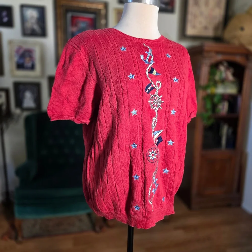 Vintage 90s Alfred Dunner Red Nautical‎ Embroidered Short Sleeve Knit Tee Blouse